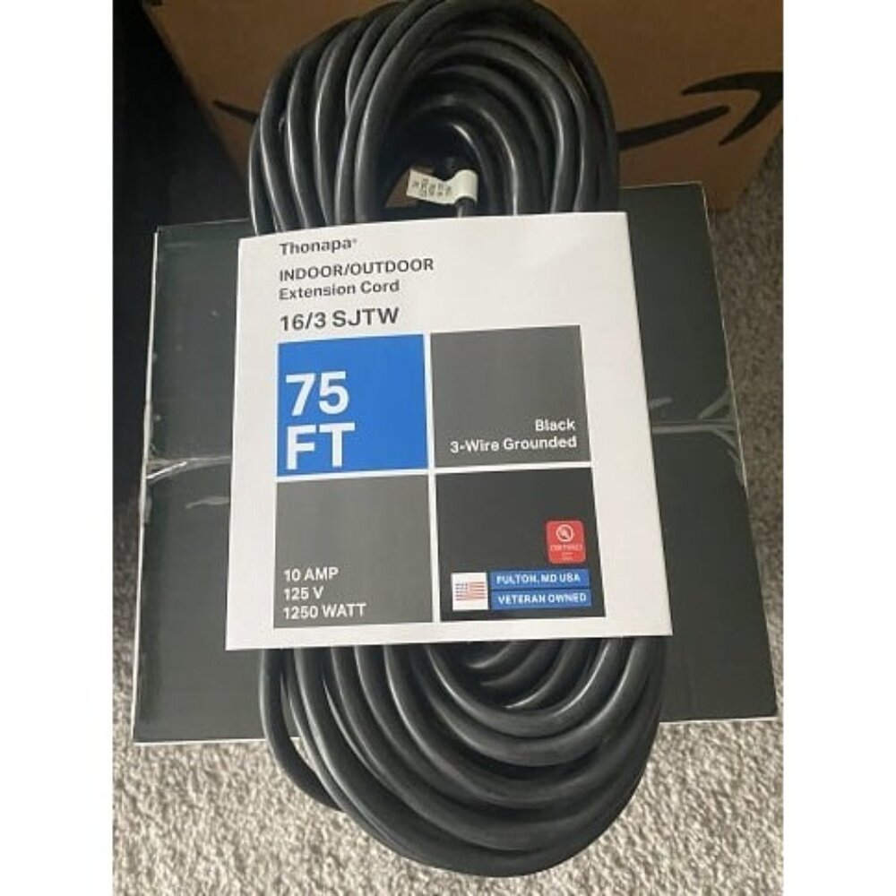 New 75 ft Outdoor Extension Cord, 16/3 SJTW Black Extension Cord 75 Foot 3 Prong